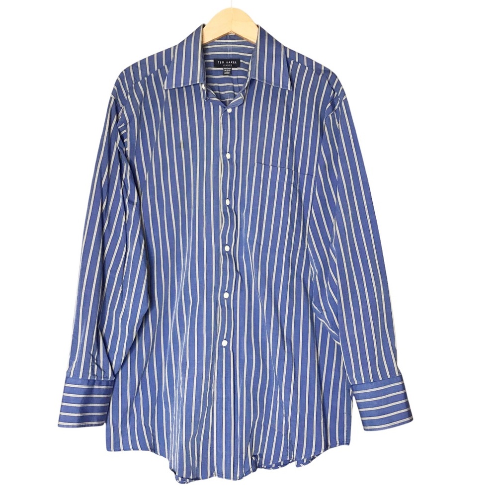 Ted Baker London Striped Dress Shirt Blue Cream Cotton Men's 16 Neck 32/33 XL